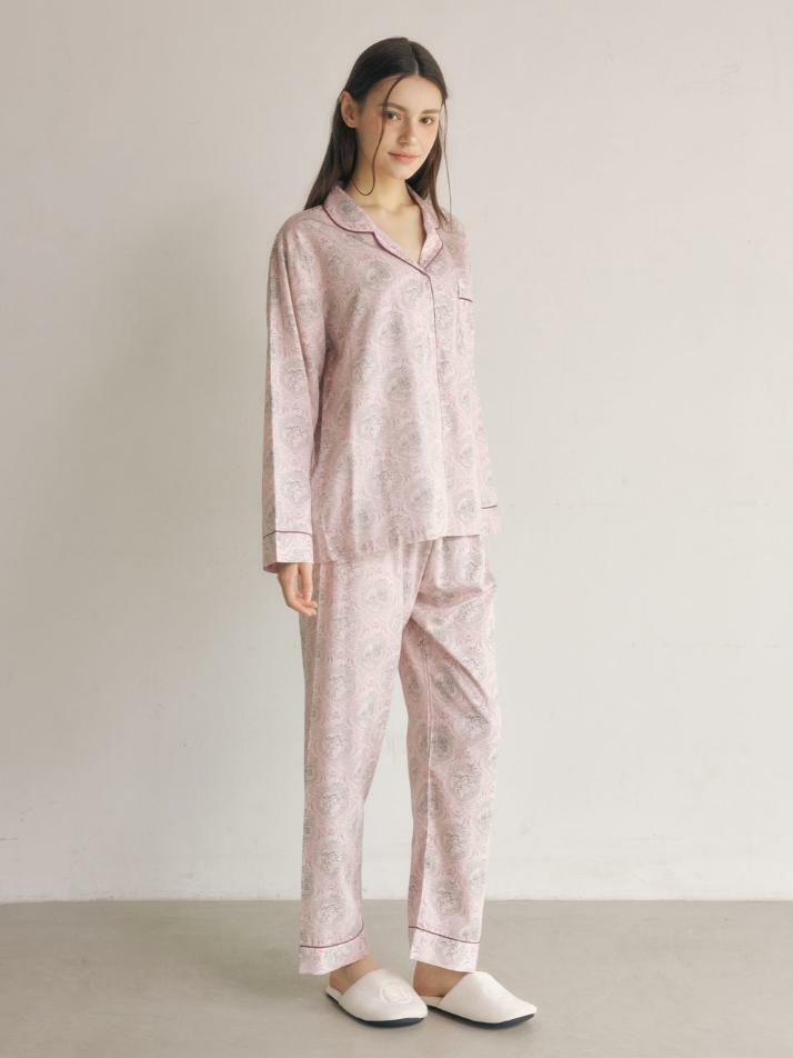 여성 프리베 모달코튼 긴소매 카라 투피스 잠옷