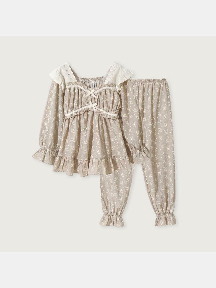 여성 브리슈 코튼 긴소매 스퀘어넥 투피스 잠옷