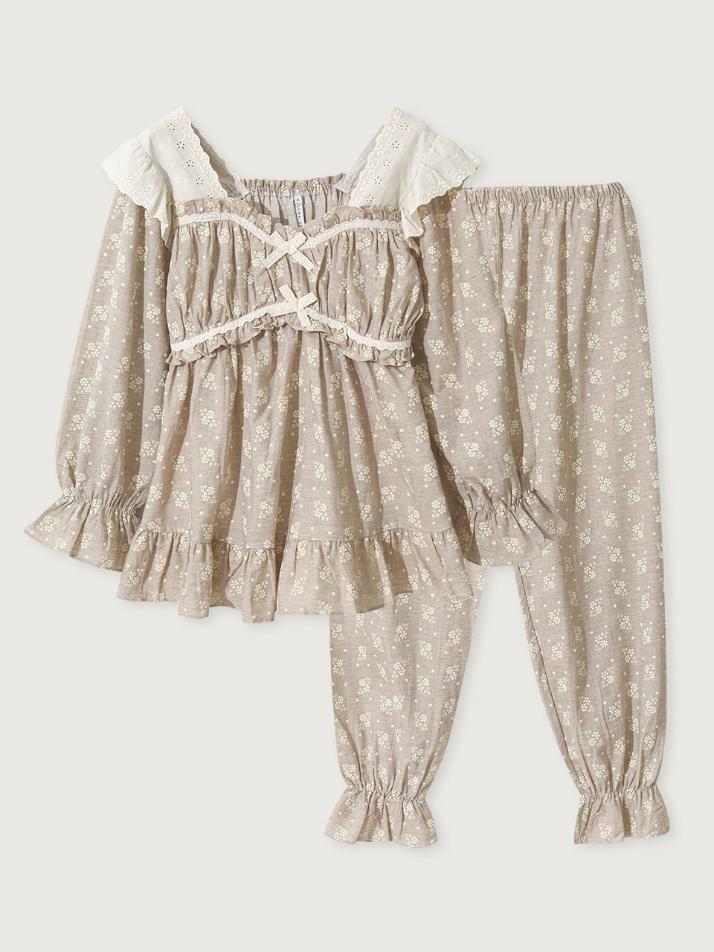 여성 브리슈 코튼 긴소매 스퀘어넥 투피스 잠옷