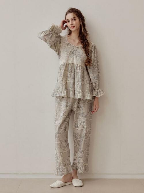 여성 마델 코튼 스퀘어넥 긴소매 투피스 잠옷(2C)