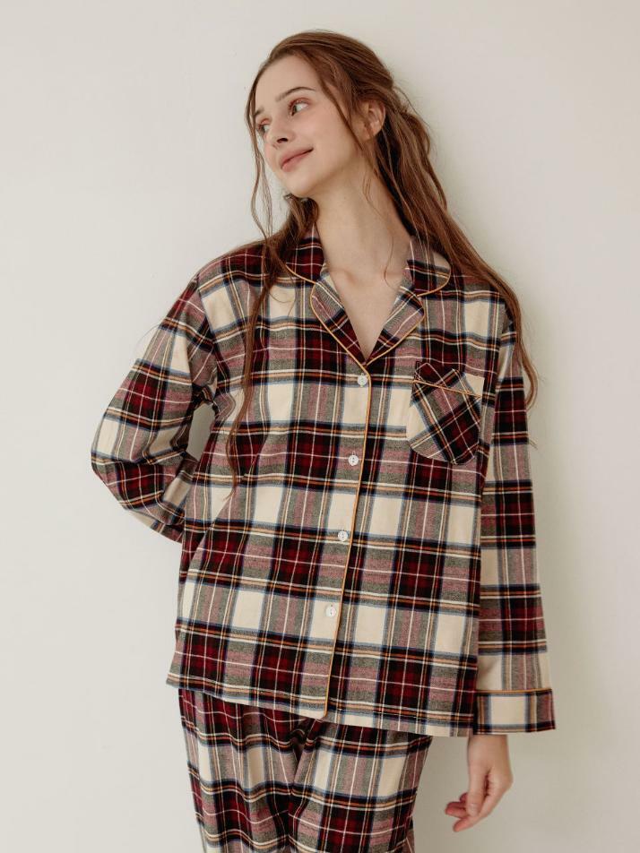 여성 발렌타인체크 긴소매 카라 투피스 잠옷