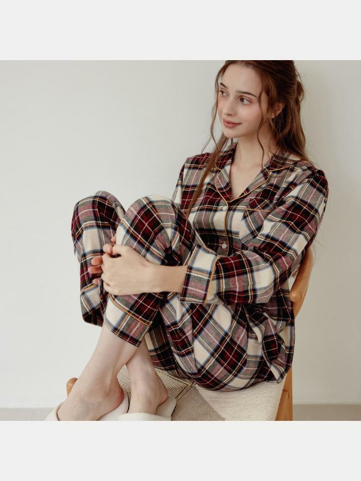 여성 발렌타인체크 긴소매 카라 투피스 잠옷