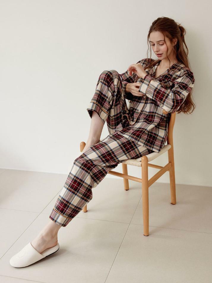 여성 발렌타인체크 긴소매 카라 투피스 잠옷