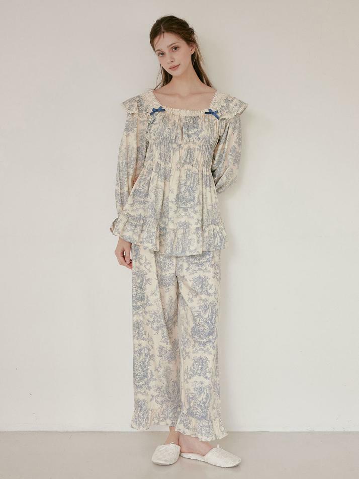 여성 베르사유 모달코튼 긴소매 스퀘어넥 투피스 잠옷(2C)