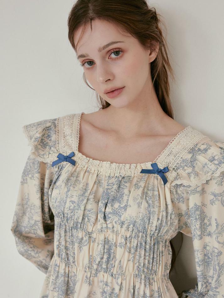 여성 베르사유 모달코튼 긴소매 스퀘어넥 투피스 잠옷(2C)