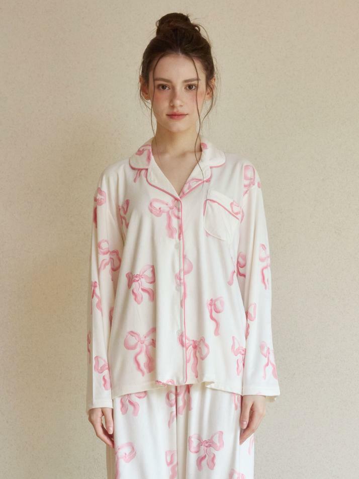 여성 밍크리본 스판 긴소매 카라 9부 투피스 잠옷