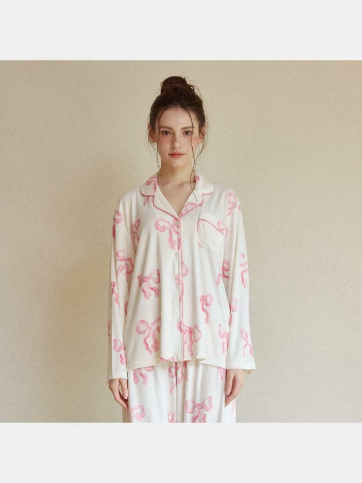 여성 밍크리본 스판 긴소매 카라 9부 투피스 잠옷