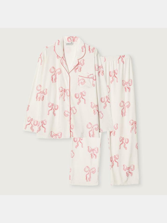 여성 밍크리본 스판 긴소매 카라 9부 투피스 잠옷