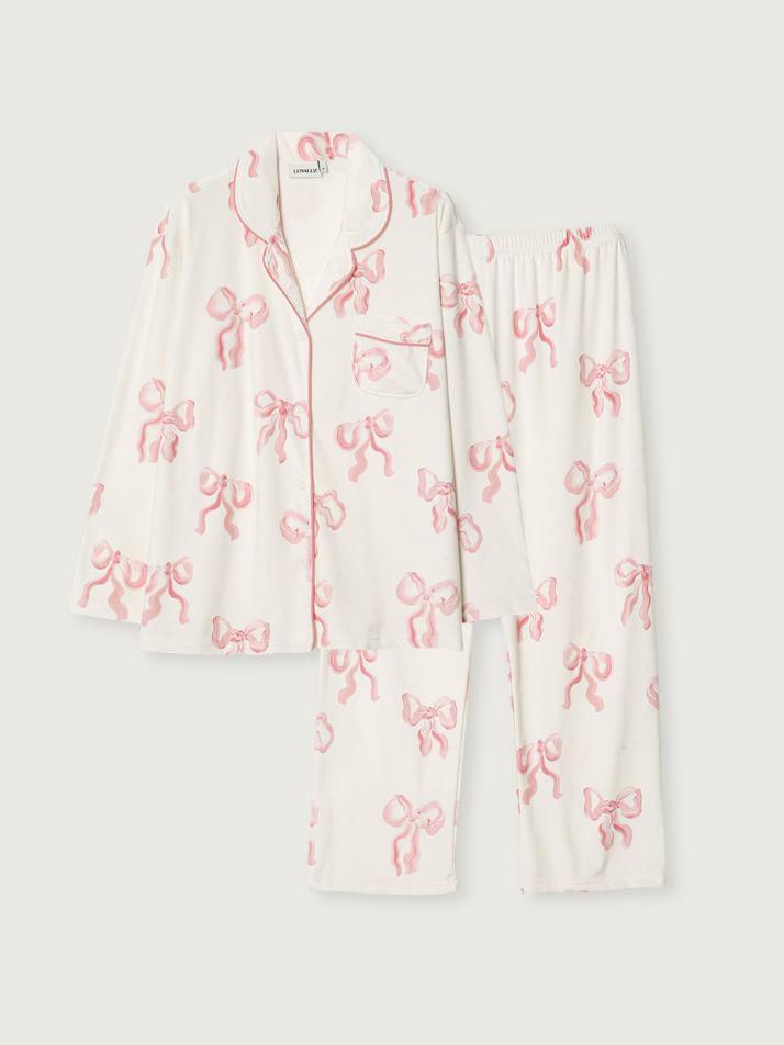 여성 밍크리본 스판 긴소매 카라 9부 투피스 잠옷