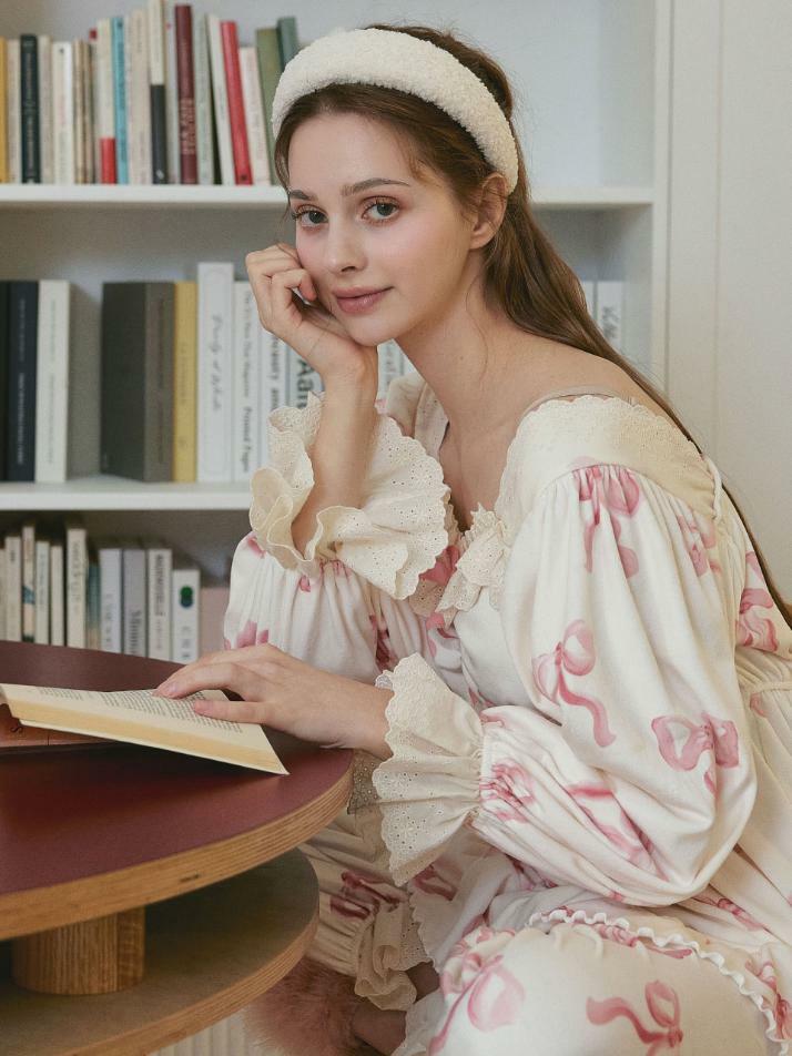 여성 밍크리본 스판 긴소매 스퀘어넥 투피스 잠옷