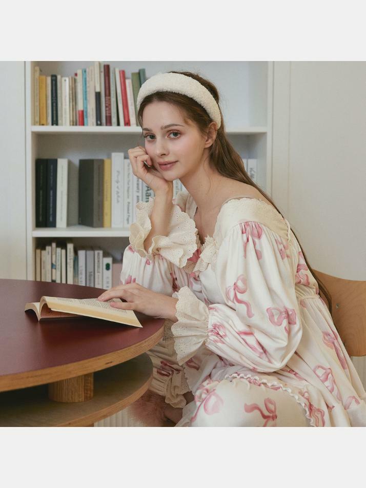 여성 밍크리본 스판 긴소매 스퀘어넥 투피스 잠옷