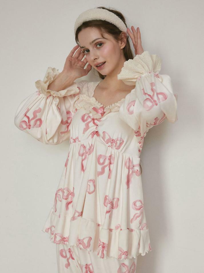 여성 밍크리본 스판 긴소매 스퀘어넥 투피스 잠옷