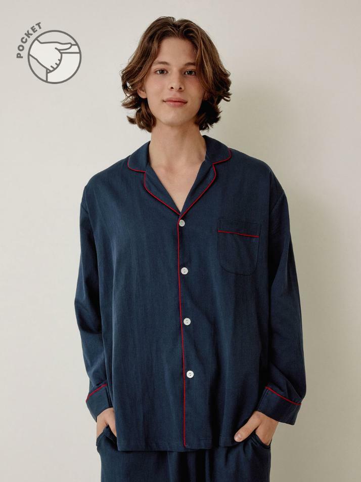 남성 헬렌 코튼 긴소매 카라 투피스 잠옷