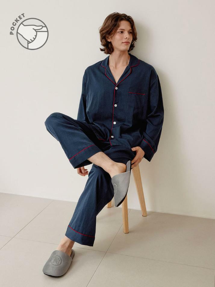 남성 헬렌 코튼 긴소매 카라 투피스 잠옷