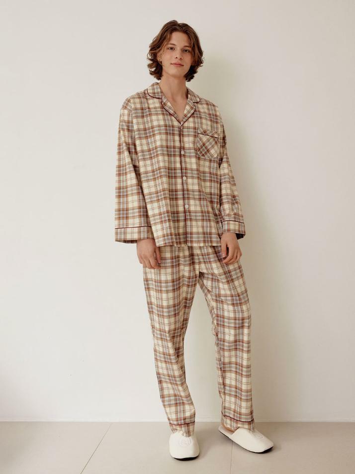 남성 노바체크 코튼 긴소매 카라 투피스 잠옷