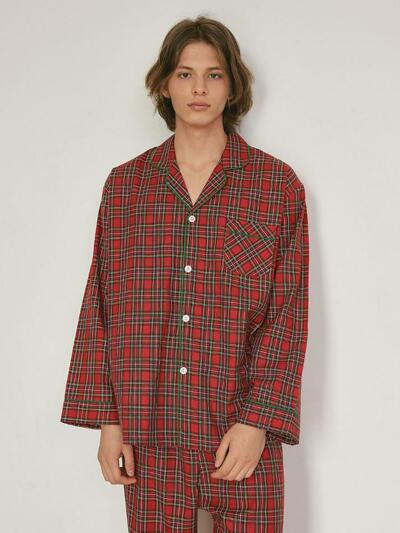 남성 홀리체크 코튼 긴소매 카라 투피스 잠옷