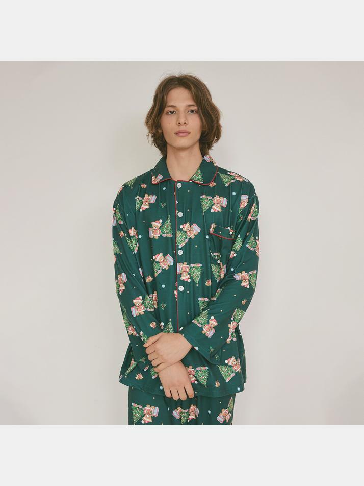 남성 크리스마스베어 스판 긴소매 카라 투피스 잠옷