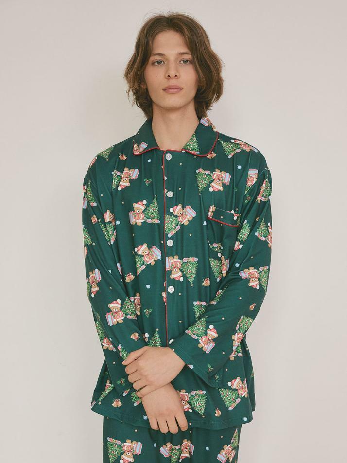 남성 크리스마스베어 스판 긴소매 카라 투피스 잠옷