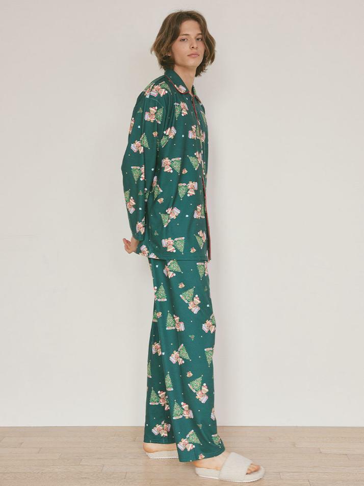 남성 크리스마스베어 스판 긴소매 카라 투피스 잠옷