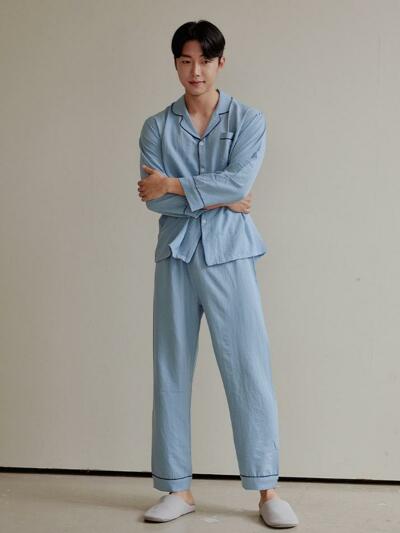 남성 피오니 샌드워싱 긴소매 카라 잠옷