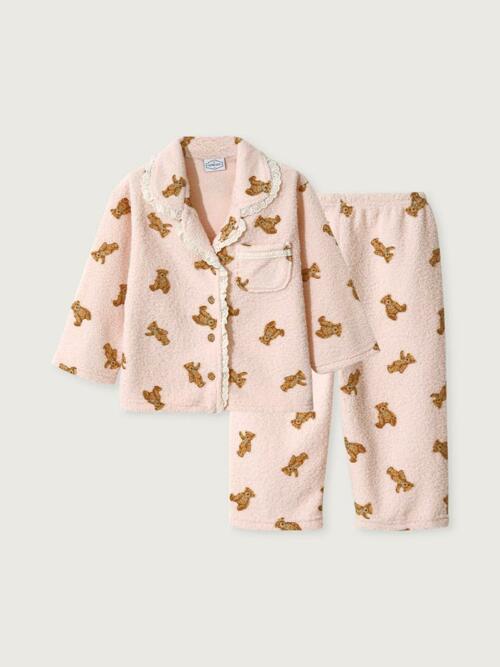 여자 아동 베어멜로우 양털 긴소매 카라넥 투피스 잠옷