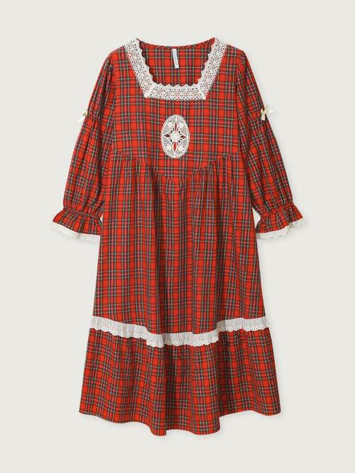 여성 홀리체크 코튼 긴소매 스퀘어넥 원피스 잠옷