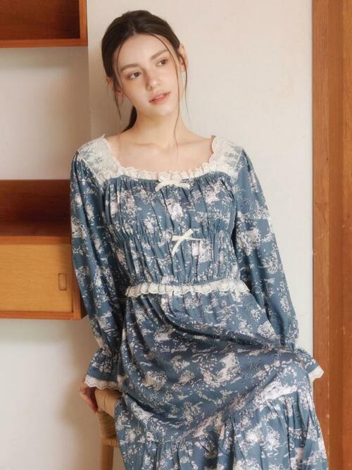 여성 샬롯 모달코튼 긴소매 스퀘어넥 원피스 잠옷