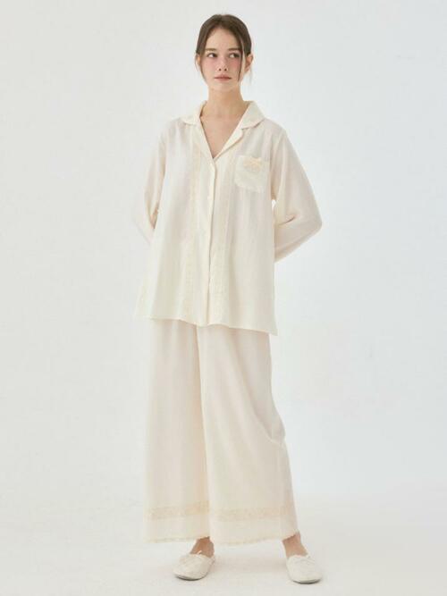 여성 테아 샌드워싱 긴소매 카라넥 투피스 잠옷