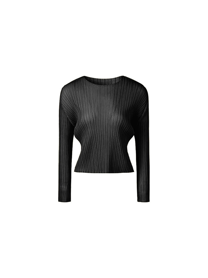 [여성] 라운드넥 긴소매 크롭 플리츠 티셔츠 (블랙)