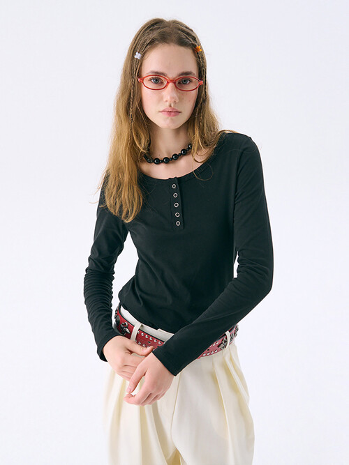 [Steady Seller]Solid Henry Neck T-shirt_Black