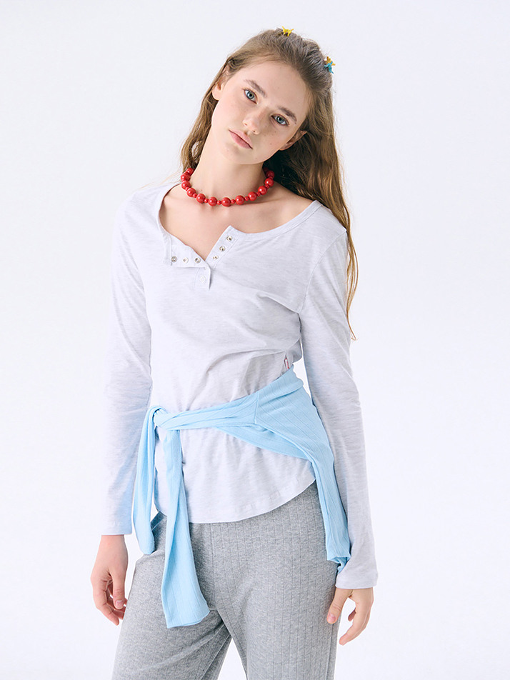 [Steady Seller]Solid Henry Neck T-shirt_Melange GREY