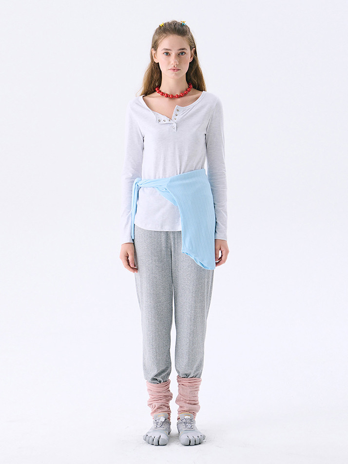 [Steady Seller]Solid Henry Neck T-shirt_Melange GREY