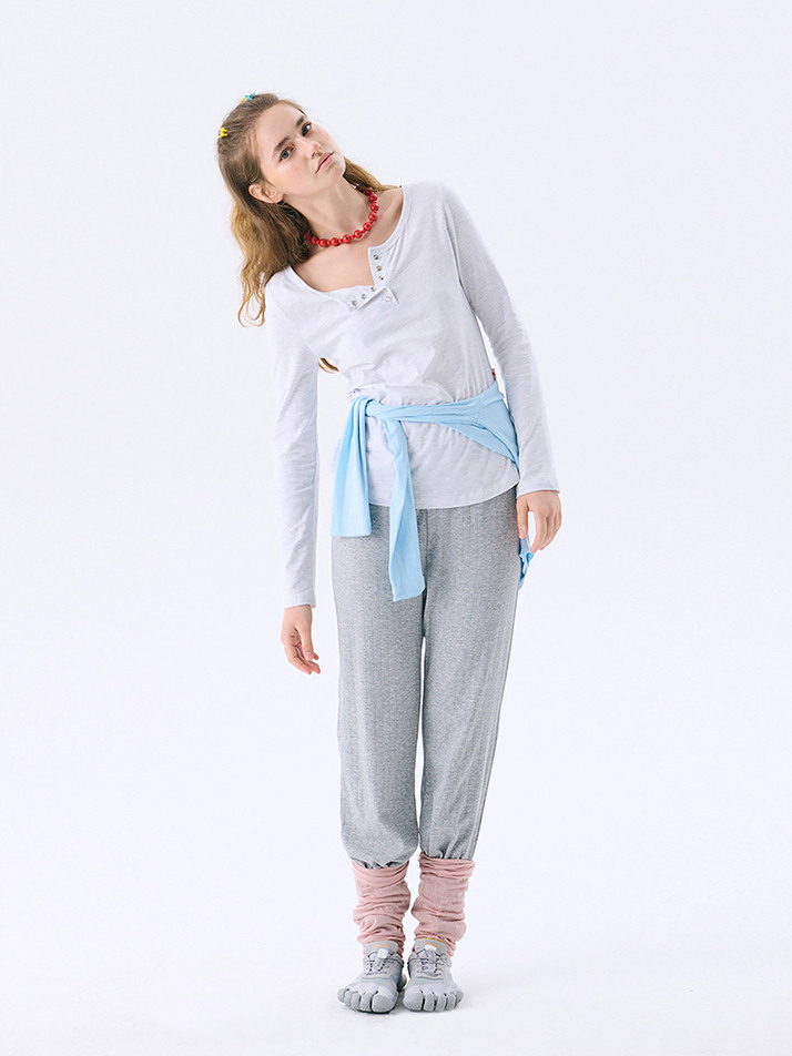 [Steady Seller]Solid Henry Neck T-shirt_Melange GREY