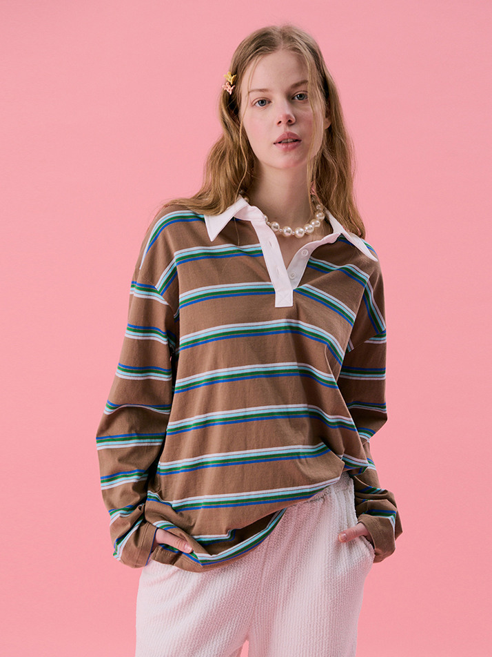 [Steady Seller] VOL11.Stripe Rugby Boxy T_BROWN