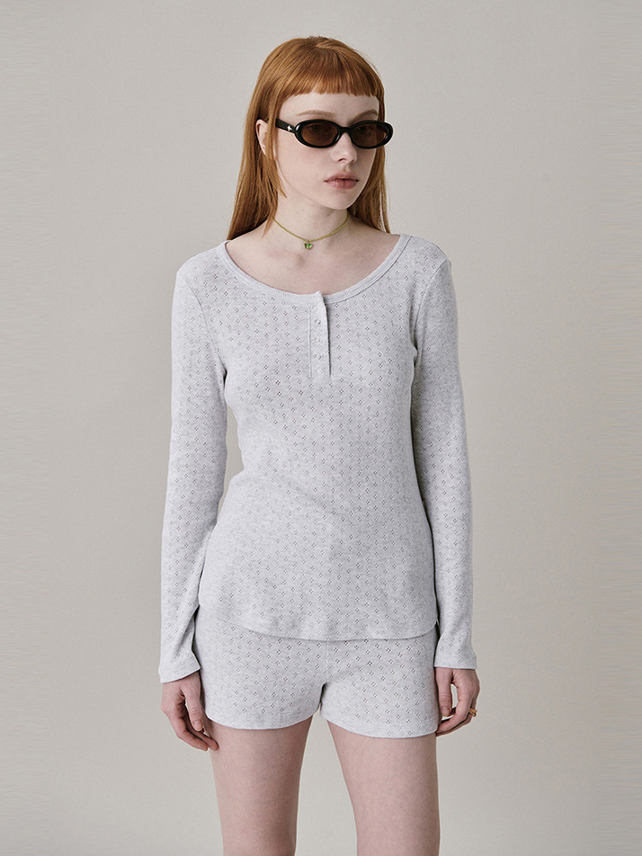 [Steady Seller] Patterned Henry Neck T-shirt_GREY