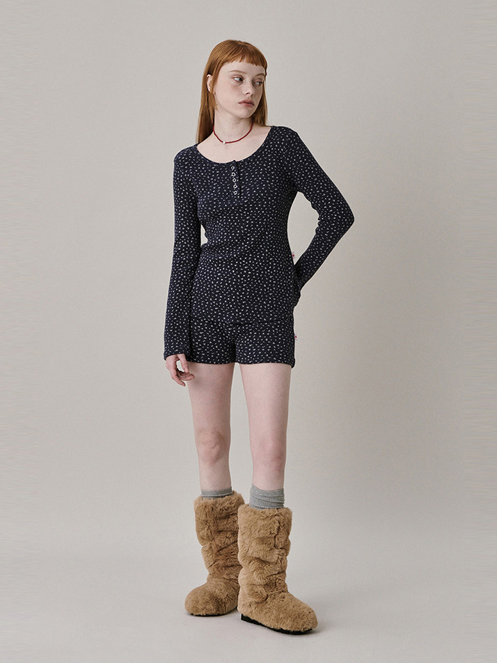 [Steady Seller] Patterned Henry Neck T-shirt_NAVY