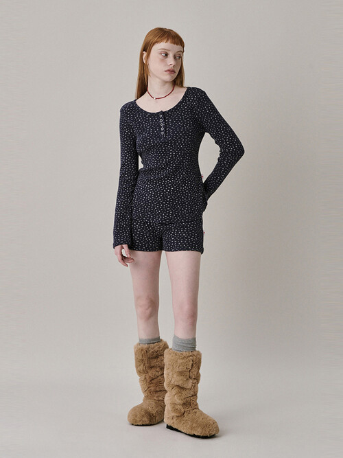 [Steady Seller] Patterned Henry Neck T-shirt_NAVY