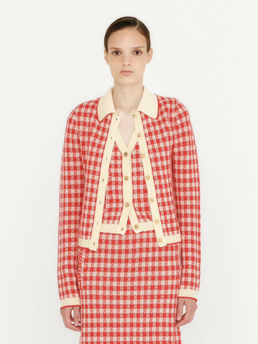 VINK Gingham Check Knit Shirt - Red/Ivory