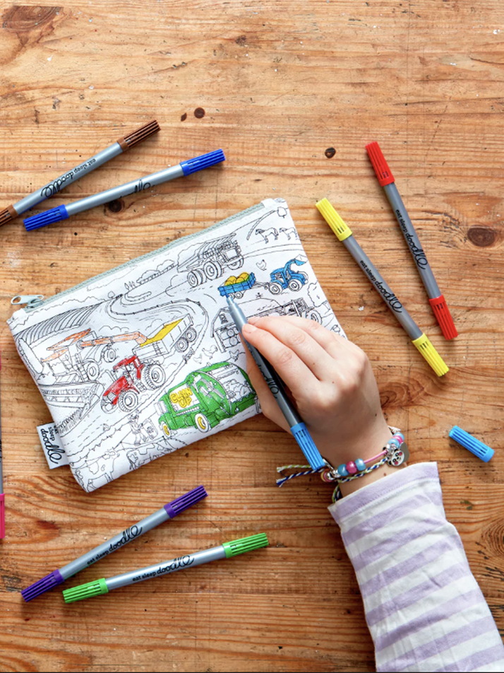 working wheels pencil case - colour in & learn