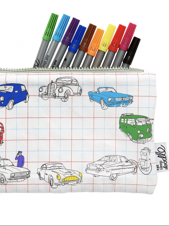 working wheels pencil case - colour in & learn