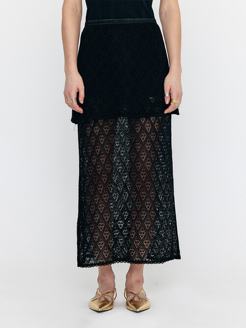 WIONY Diamond-Lace Layered Knit Skirt - Black