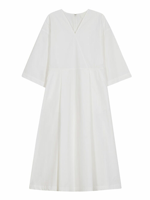 COTTON V-NECK PLEATED DRESS WHITE