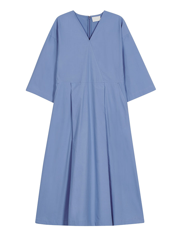 COTTON V-NECK PLEATED DRESS BLUE