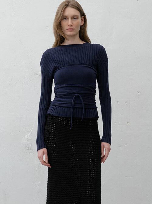 RIBBED STRETCH KNIT TOP NAVY