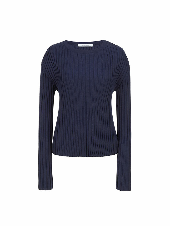 RIBBED STRETCH KNIT TOP NAVY